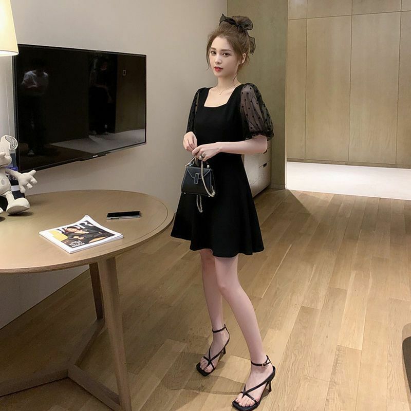 2024 Lente/Zomer Koreaanse Editie Nieuwe Taille Afslankstijl Combinatie Chiffon Jurk Zwarte Mode Jurk