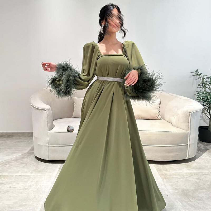 Arabic Evening Dress Chiffon Long Sleeve Square Neck With Feather Backless Dubai Women's Floor Length فساتين سهره فاخره 2023