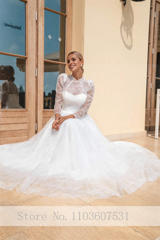 2024 elegante High Neck Tüll Spitze Langarm Brautkleid für Frauen Gericht A-Linie Hochzeits feier Kleid Robe de Mariée