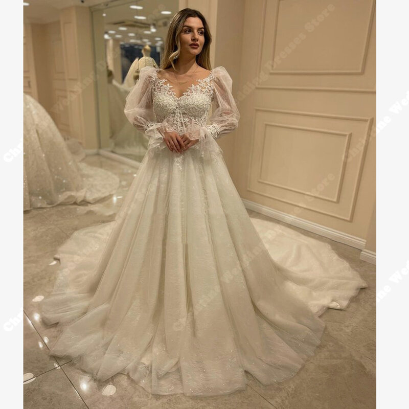 Sweet A-Line Wedding Dresses Zipper Court Train Appliques Fashion Gowns Arrival Attractive Fluffy Long Sleeves Vestido De Novia