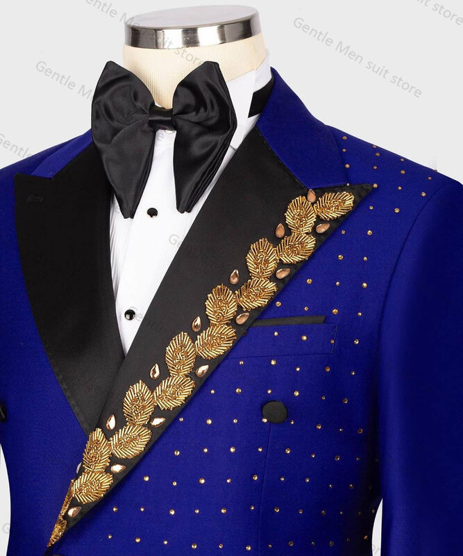 Set pakaian pria biru Royal jaket buatan kustom desainer Blazer 2 potong + celana hitam tuksedo pernikahan pengantin pria mantel pria kantor