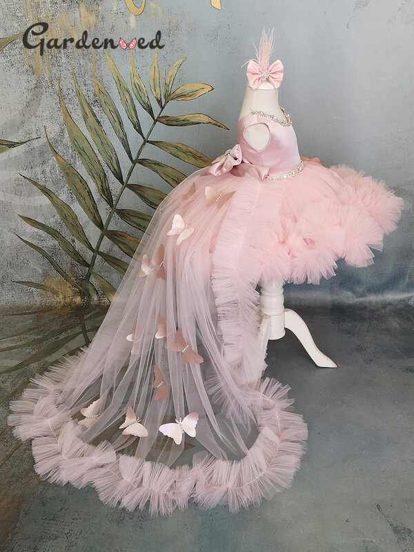 Vestido de niña hinchada, vestido de bebé rosa con tren, vestido de niña de flores con lazo, bonito vestido de cumpleaños para niño, primera comunión