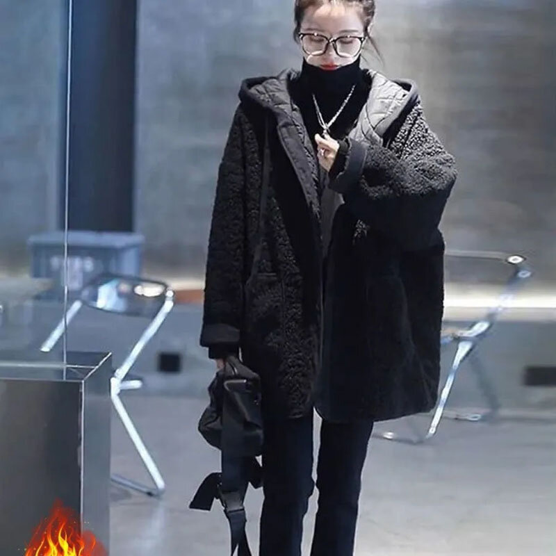 여성용 페이크 투피스 양털 재킷, 한국 루즈 퀼트, 두껍고 따뜻한 후드 파커 코트, 외투, 겨울 신상
