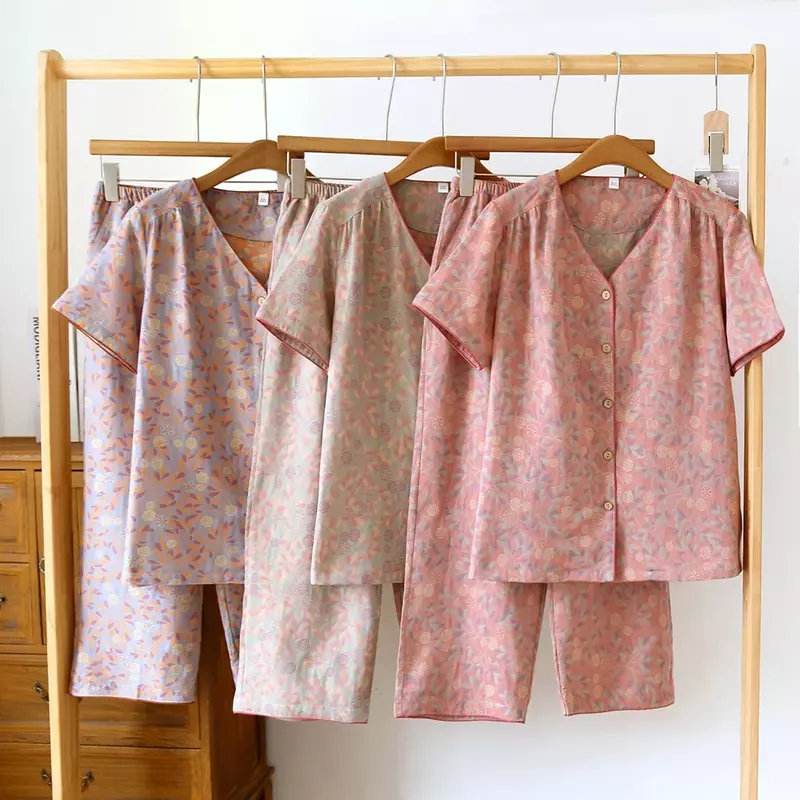 Conjunto de pijama capris e manga curta feminina, 100% algodão, fina, flor grande, mobiliário doméstico, primavera, verão, novo, conjunto de 2 peças, 2024