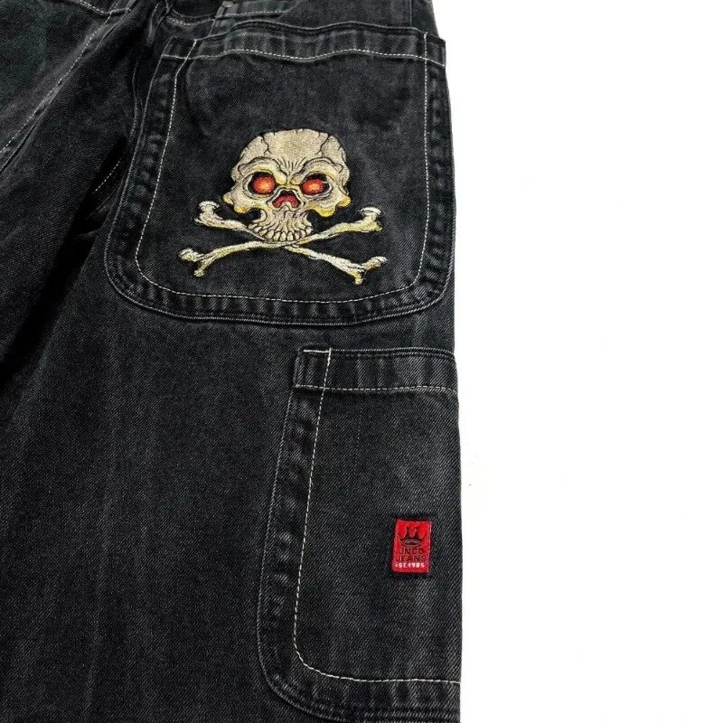 2024 Jnco Jeans Y 2K Harajuku Retro Skull Pattern Geborduurde Losse Jeans Zwarte Broek Heren En Dames Gothic Hoge Taille Broek