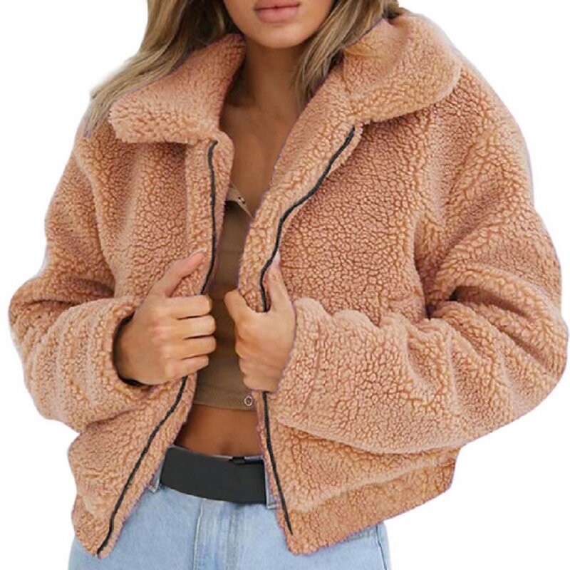 Abrigo corto de piel sintética para mujer, chaqueta holgada con cremallera, informal, suave, cálida, elegante, otoño e invierno, novedad de 2023