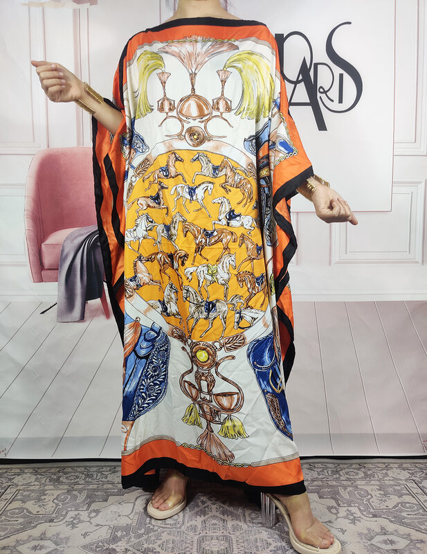 Kuwait Popular 2023 Blogger High consiglia Twill Silk Printed Loose Kaftan Maxi Dress African Style Muslim Lady Long BouBou