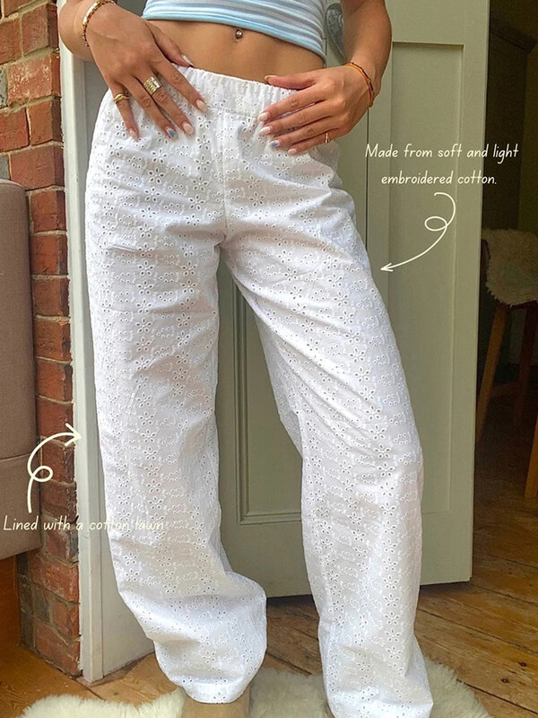 Frauen y2k Lounge Hose elastische Taille weites Bein bequeme Hose Blumen stickerei ausgehen Hosen Streetwear