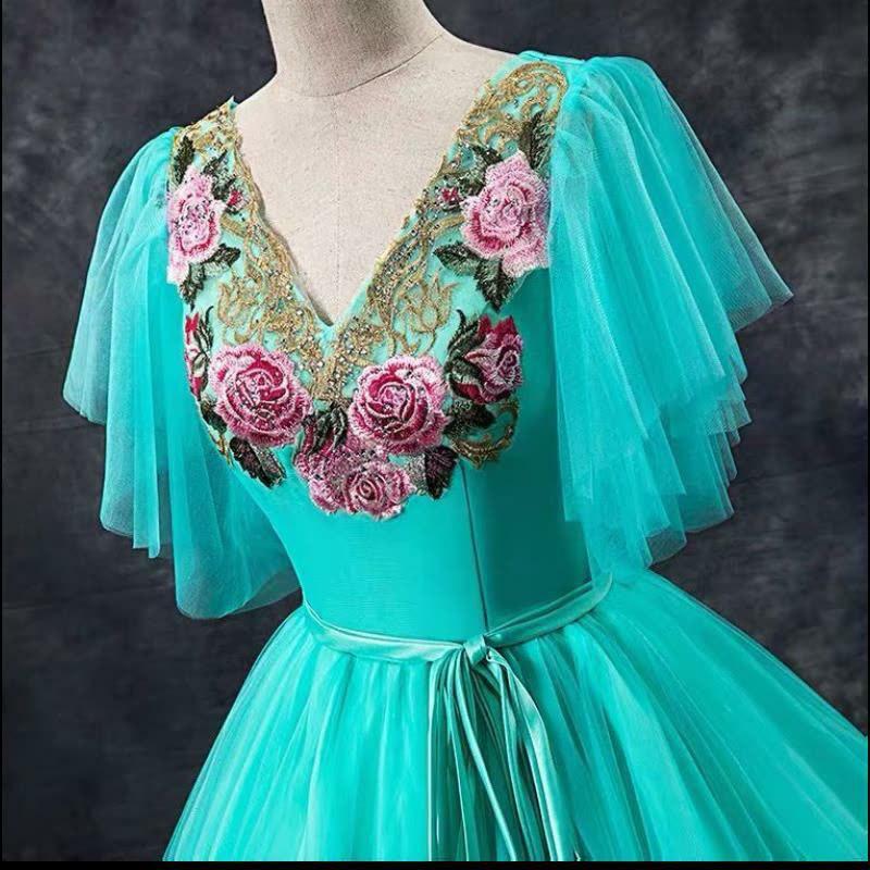 Женское винтажное платье в пол, элегантное бальное платье из тюля с глубоким V-образным вырезом, аппликацией и бантом, короткими рукавами и рюшами,