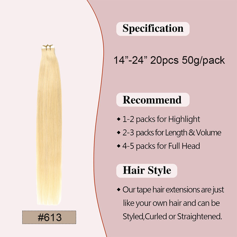 Cynosure Haarband In Hair Extensions Menselijk Haar Naadloze Onzichtbare Huid Inslag Tape In Extensions Bleekmiddel Blond #613 20Pcs 50G