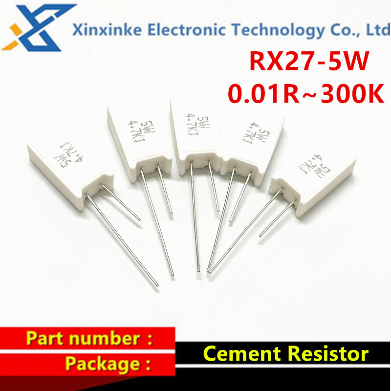 Resistor vertical da resistência do cimento RX27, resistência cerâmica, 0.01R ~ 100K, 1, 2, 3.3, 3.9, 10, 22, 47, 51, 100, 680 ohm, 1K, 20K, 150K, 5 PCes