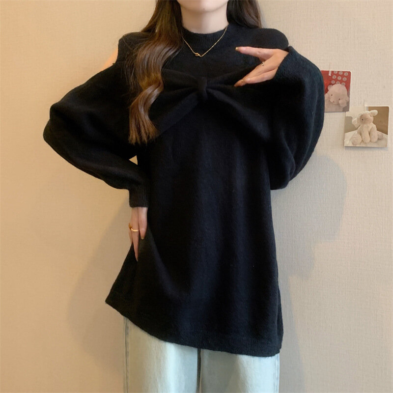 Dzianina damska duży rozmiar 2023 w nowym stylu gruba siostra jednolity kolor modna sweter luźna, z kokardą długie sweter z rękawem