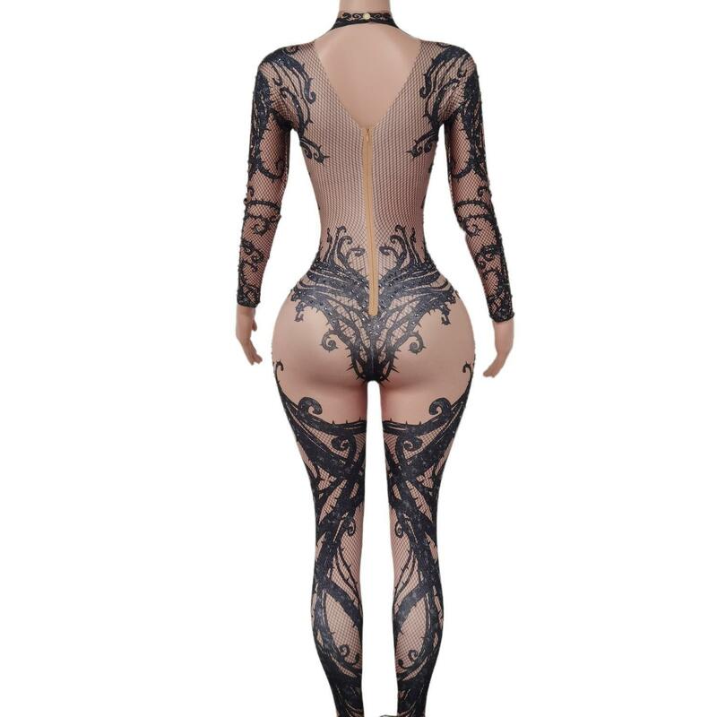 Fashion Crystal Long Sleeve Bodycon Jumpsuits Showgirl Stage Costumes Nightclub Dance Bodysuits Celebrate Party Outfits X1812010