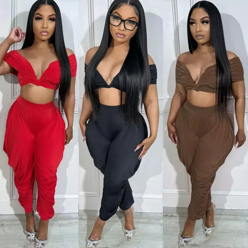 Sexy Ruched Two Piece Set Women V-Neck Off Shoulder Crop Tops Draped Harem Pants Fashion Solid Streetwear Suits Birthday Outfits