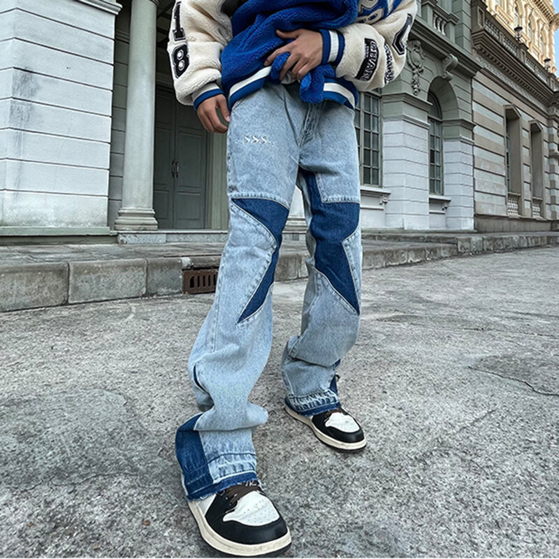 Modne gwiazdy dżinsy hip-hopowe kontrastujące kolory Patchwork proste spodnie dżinsowe męskie Retro zgrywanie ponadgabarytowe spodnie jeansowe