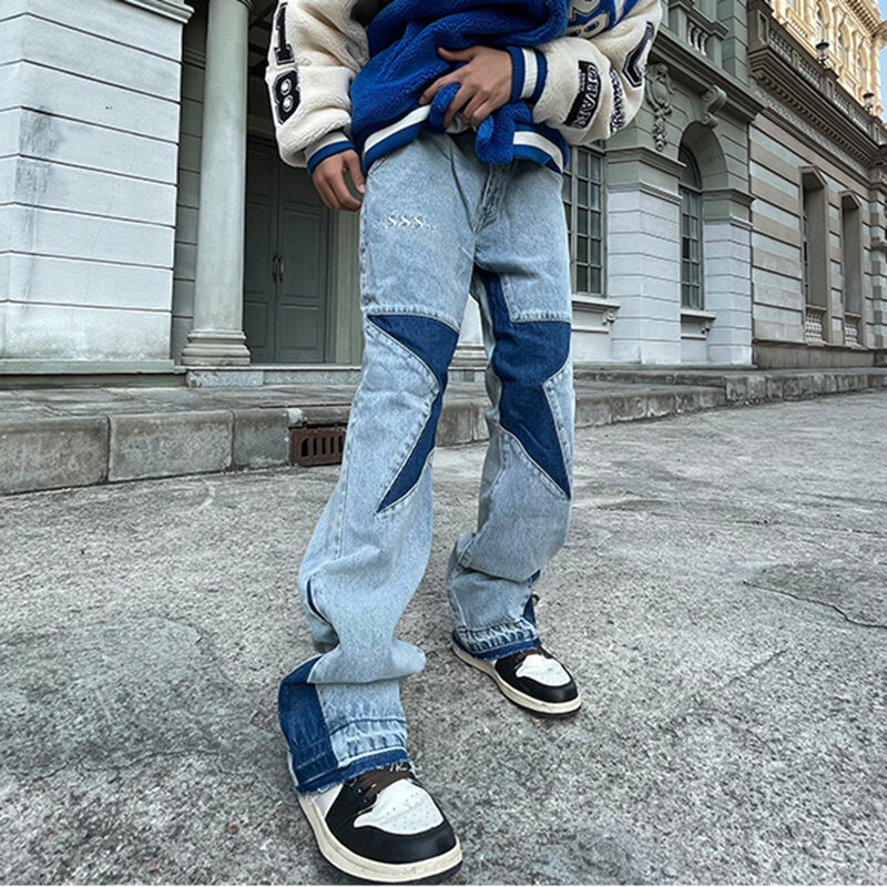 Mode Sterne Hip Hop Jeans Kontras Farben Patchwork Gerade Jeans Hosen Herren Retro Zerrissene Übergroßen Casual Denim Hosen