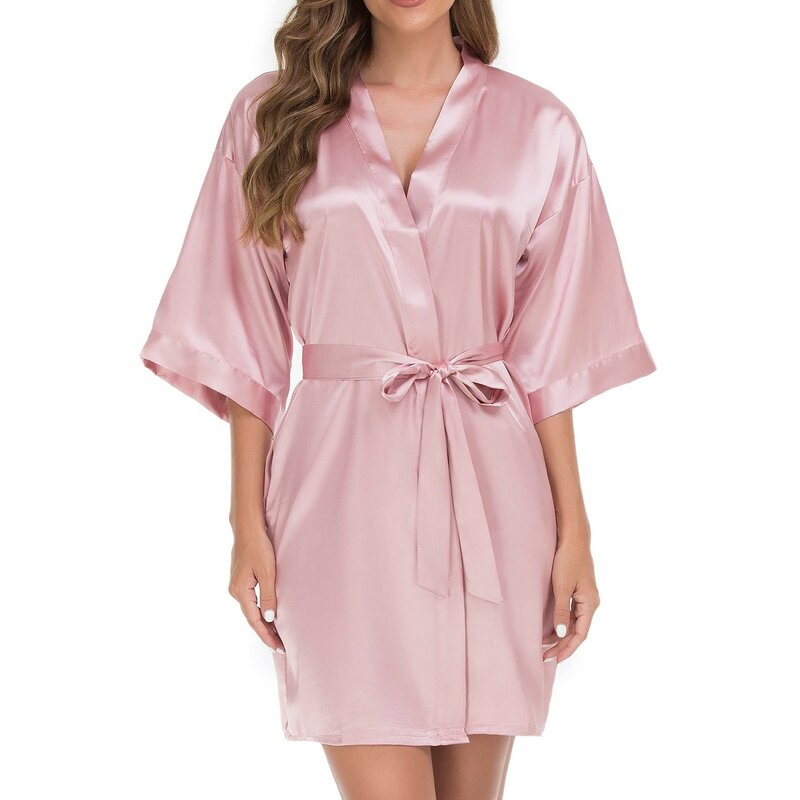 Robe Kimono courte en satin soyeux pour femmes, peignoir sexy, dentelle unie, vêtements de nuit décontractés, col en V, chemise de nuit, offre spéciale