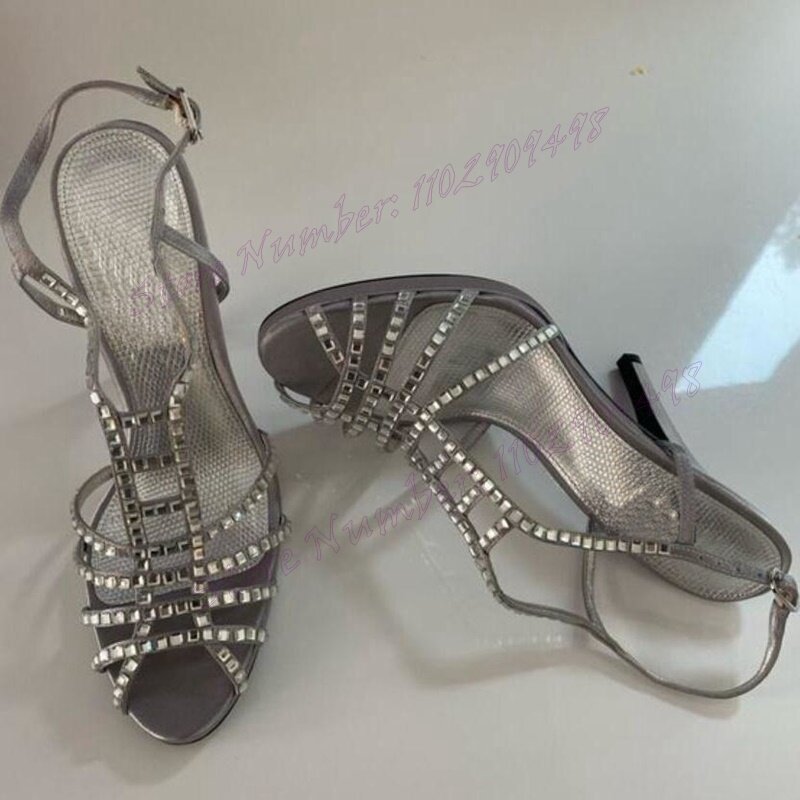 Sandálias de cinta de tornozelo para mulheres, sapatos abertos, salto alto fino, decoração de cristal preto, sapatos de festa, 2024