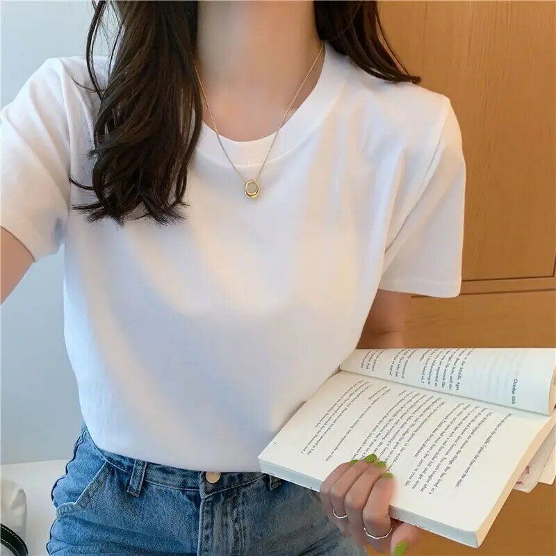 Solid Women Short Sleeve T Shirt Cotton O Neck Loose Black White Basic Thin Tops Fashion Harajuku Casual Outer Wear T-Shirts