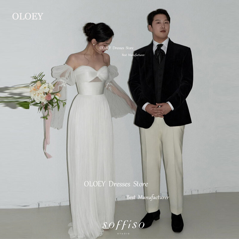 Oloey-fairy-fairyチュールAラインドレス、韓国のウェディングドレス、ふくらんでいる長袖、ハート型の床の長さ、ブライダルガウン、シュールなスタイル