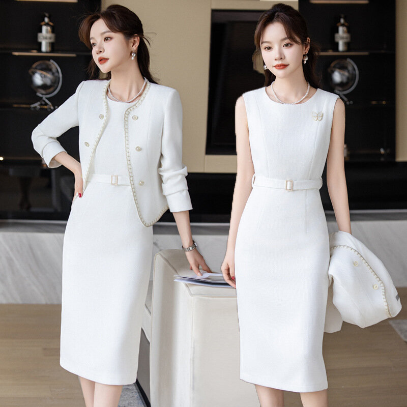 Vestido elegante e de alta qualidade feminino com cintura controlada, terno branco, temperamento, 2 peças, primavera, outono, novo, 2024