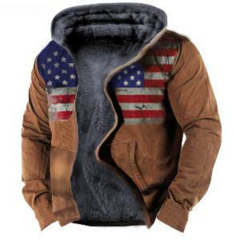 Pakaian hangat motif untuk pria, jaket musim dingin bertudung ritsleting, mantel bulu kasual modis
