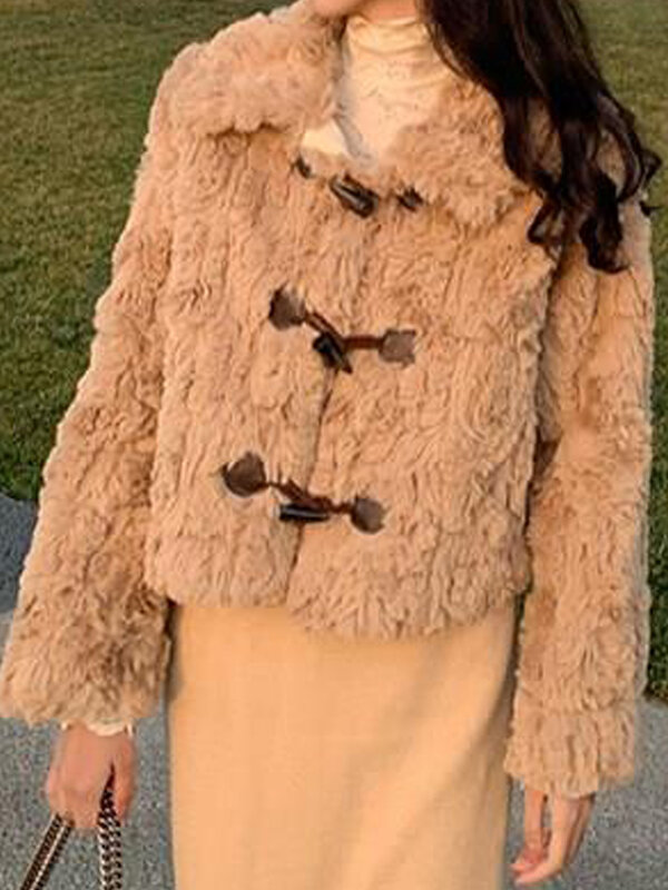 여성용 인조 모피 코트, 한국 패션 혼 단추 푹신한 재킷, 여성 캐주얼 따뜻한 긴 소매 짧은 플러시 겉옷, 가을 겨울