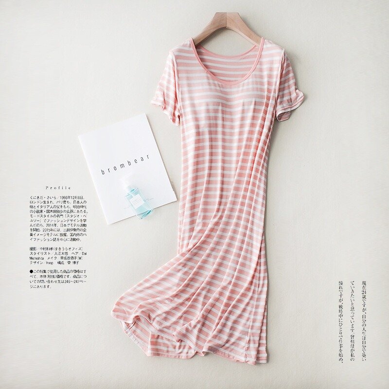 2024 NEW Summer Women Casual Modal Striped Sleep Dress Ladies Nightgown Female Short Sleeve High Quality Loose Sleepshirt