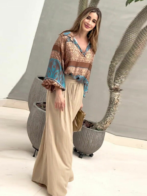 Women Loose High Waist Pant Print V Neck Long Sleeves Top 2pcs Sets Summer Casual Street Female Outfits 2024 NEW