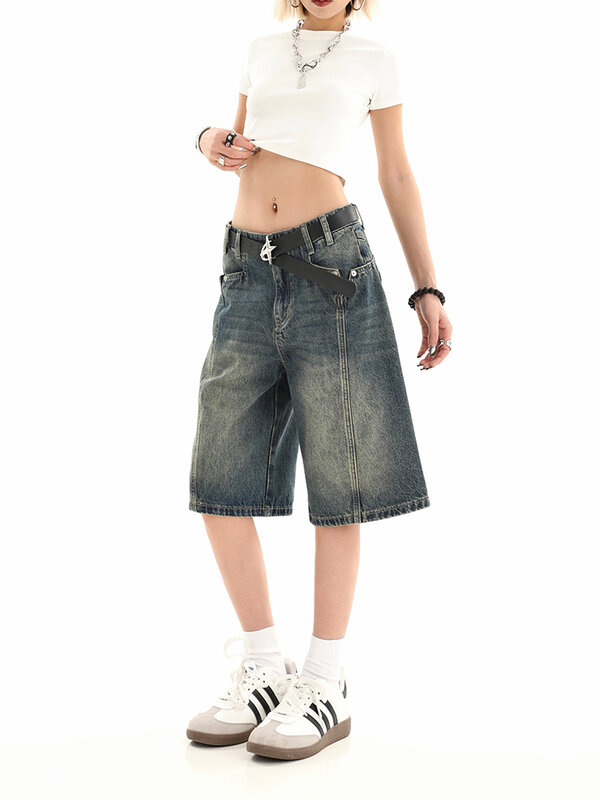 Джинсовые шорты в стиле ретро для женщин, летние брюки с завышенной талией и пятью точками, свободные прямые трапециевидные брюки, модная повседневная одежда, 2024
