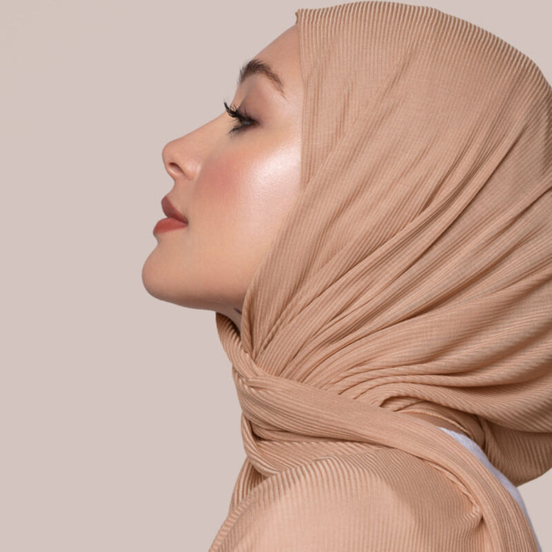Ribbed Cotton Jersey Hijab Scarf Long Shawl Women Muslim Headscarf Wraps Striped Headband Maxi Turban Stretchy Pleated Bandana