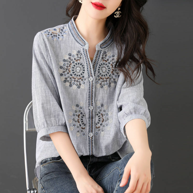 Kemeja katun bordir wanita, atasan blus lengan tujuh menit musim panas, garis-garis pakaian desainer cantik Korea