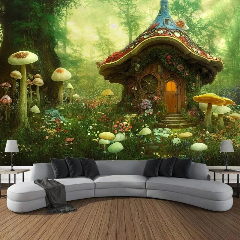 Fantasy Forest Tapeçaria para decoração de casa, cogumelo e casa, arte suspensa, fundo do quarto, sala de estar