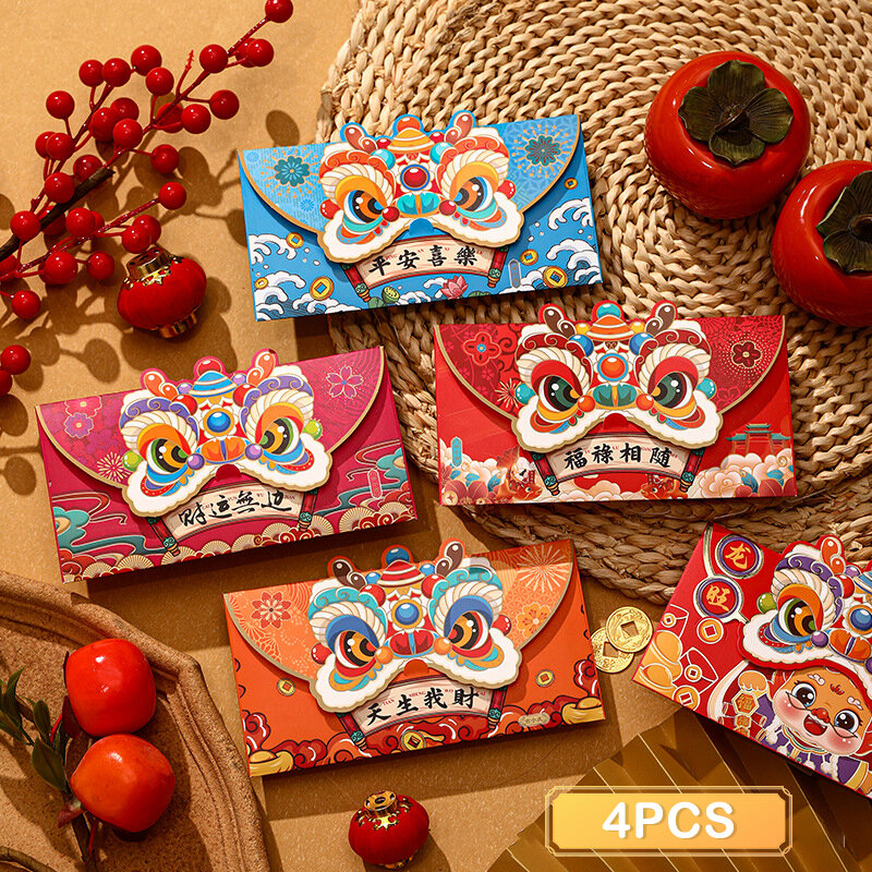 Sobres rojos de Año Nuevo Chino, sobres de dibujos animados de dragón Hongbao, Festival de Primavera, bolsillos para dinero, paquetes de la suerte de boda, 4 piezas, 2024