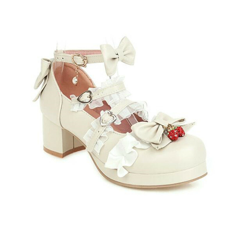 Lolita Girls Mary Janes Shoes Bow Strawberry Ruffles Sweet Princess Wedding Party Shoes Women High Heels Cosplay Plus Size 31-43