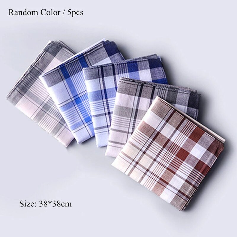 5psc Random Handkerchiefs 38*38cm Cotton Square Plaid Stripe Handkerchiefs Men Classic Vintage Pocket Kerchief For Wedding Party