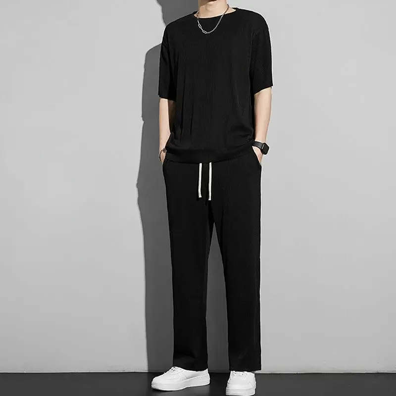 Conjuntos masculinos de treino kpop, top e calças, manga curta, camiseta estilo coreano, roupas esportivas de verão, roupas estéticas legais, XL