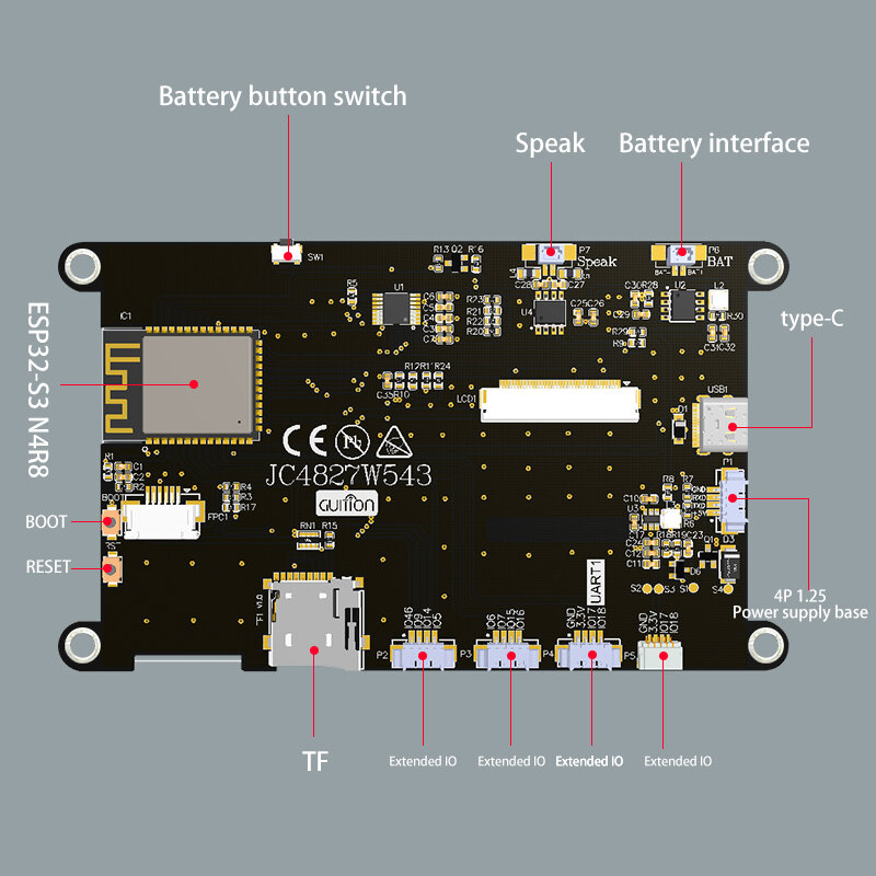 ESP32-S3 Módulo de exibição LCD com WiFi e Bluetooth, 8M, PSRAM, Flash 4M, 4.3-Polegada IPS, 480x272