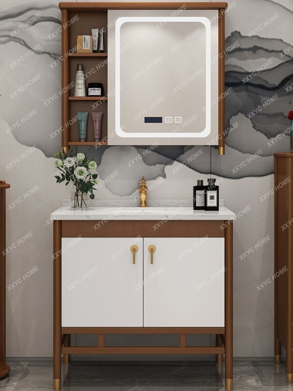 Kabinet kamar mandi pintar gaya China, kabinet kamar mandi kayu Solid kombinasi bak cuci jenis lantai