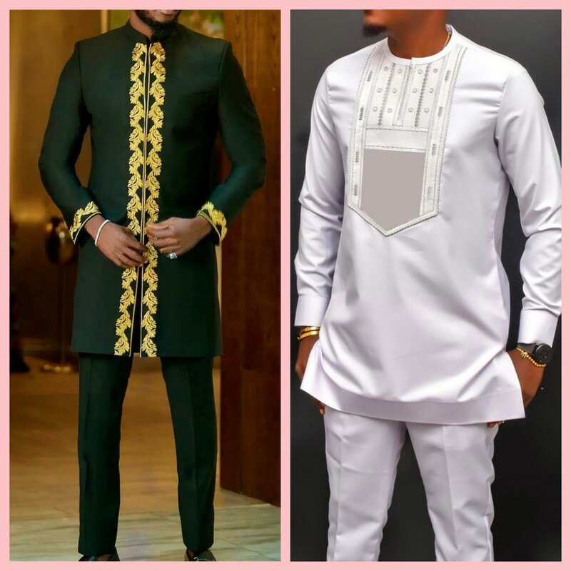 男性のための豪華なブライダルスーツ,ナイジェリアの刺embroidery,アフリカの最高のドレスセット,ツーピースのトップスとパンツ,エスニックスタイル,agbada