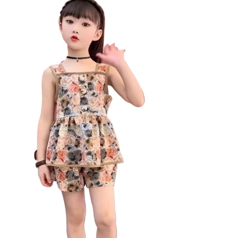 Vestito estivo per ragazze 2024 nuovi vestiti per bambini gilet con cavezza in Chiffon coreano + pantaloncini set di due pezzi marea abbigliamento per bambini tuta
