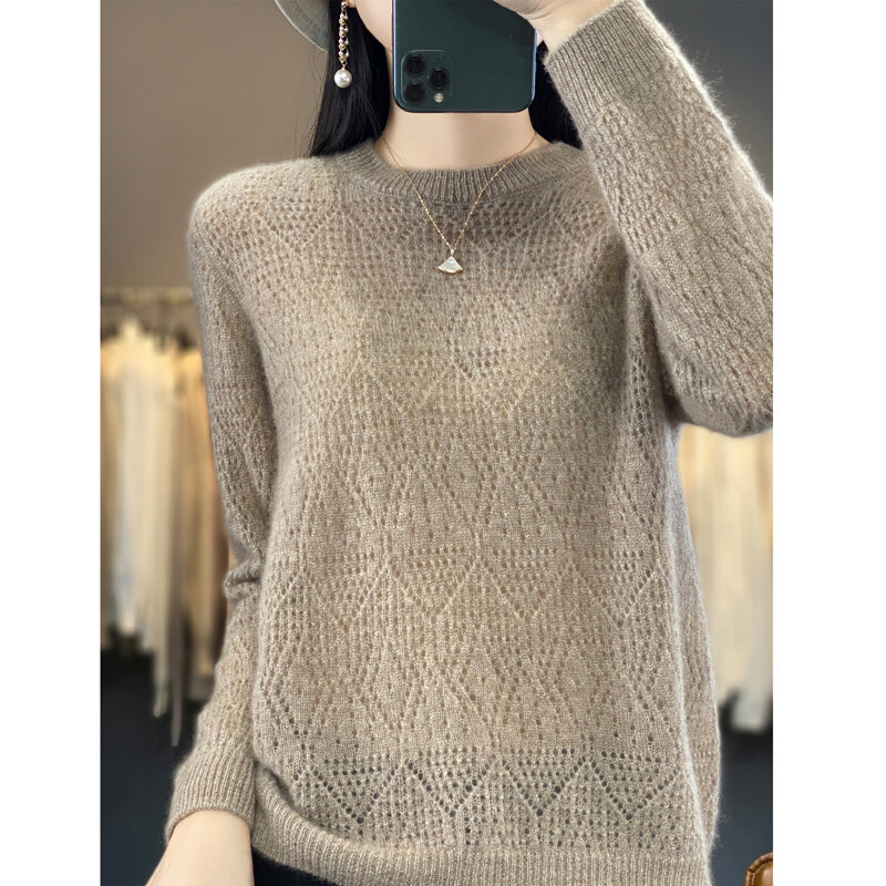 Sweter wol rajut wanita, atasan longgar trendi leher bulat rendah, warna Solid tipis berlubang musim semi musim gugur 100