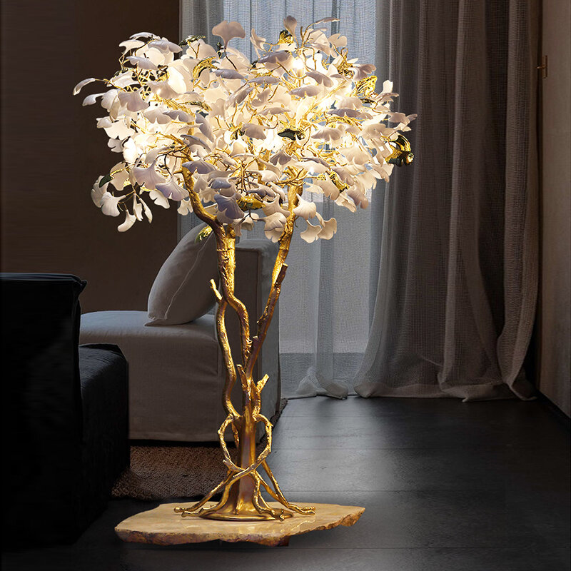 Ginkgo Tree Floor Lamp LED, grande luminária artística, usada para exibir luzes decorativas, todo em cobre