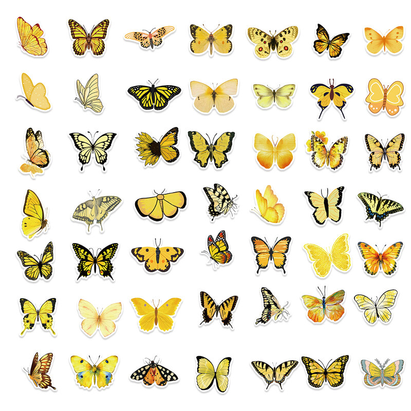 50PCS Cute Yellow Butterfly Sticky Paper Sticker Labels Waterproof Sticker Decal Stationery Supplies DIY Decoration Scrapbooking