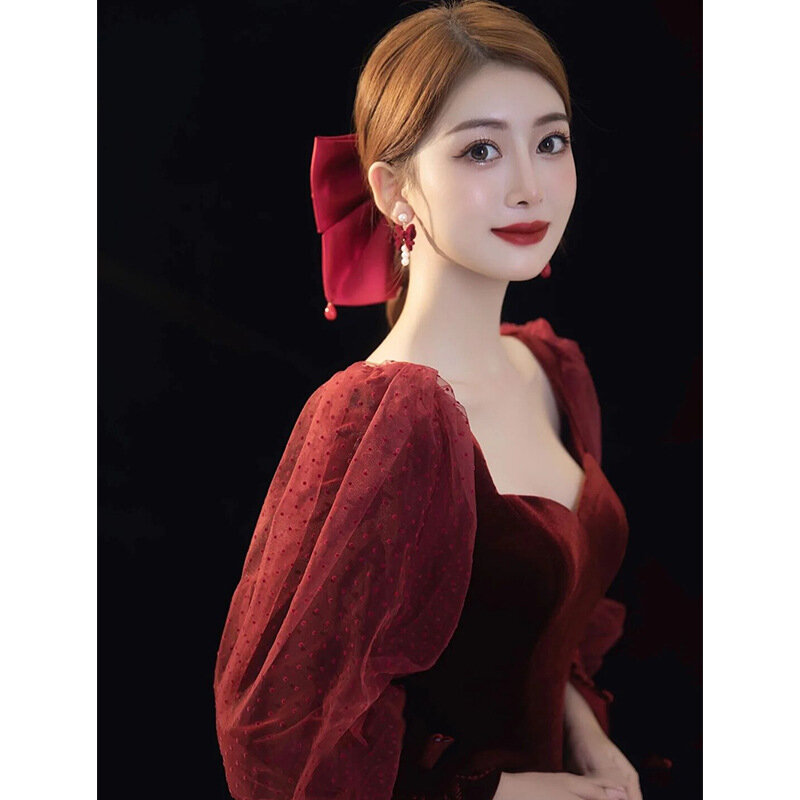 EETSANSFIN jesienna winno-czerwona sukienka z długim rękawem na ślub/zaręczyny/przyjęcie