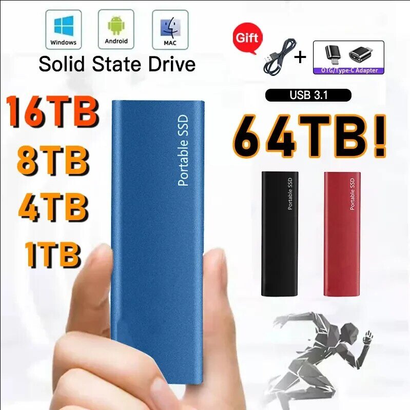 Solid State Hard Disk 2TB portabel, Hard Drive eksternal SSD USB 3.1/tipe-c kecepatan tinggi kapasitas tinggi 500GB