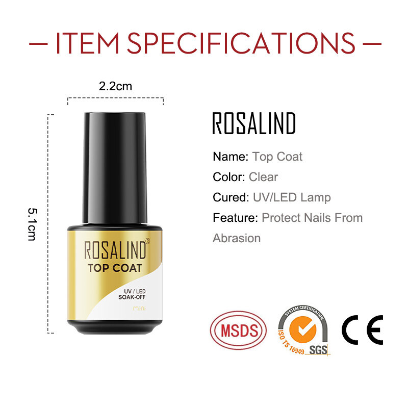 ROSALIND-세미 퍼머넌트 네일아트 매니큐어 UV 탑베이스 코트, 7ml 2 피스, 메쉬, 탑베이스