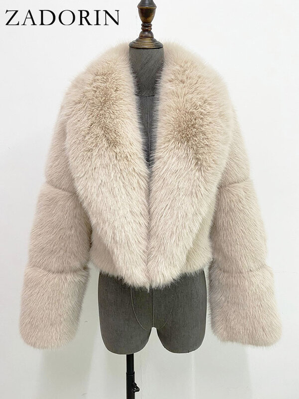 ZADORIN-Casaco de pele falsa para mulheres, jaqueta cortada, manga comprida, fofo, preto, roupas de grife de luxo, inverno