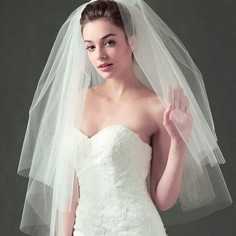 Véus de casamento brancos com pente para mulheres e meninas, véu blusher de tule, acessórios para cabelo noiva, curto 2 camadas, branco