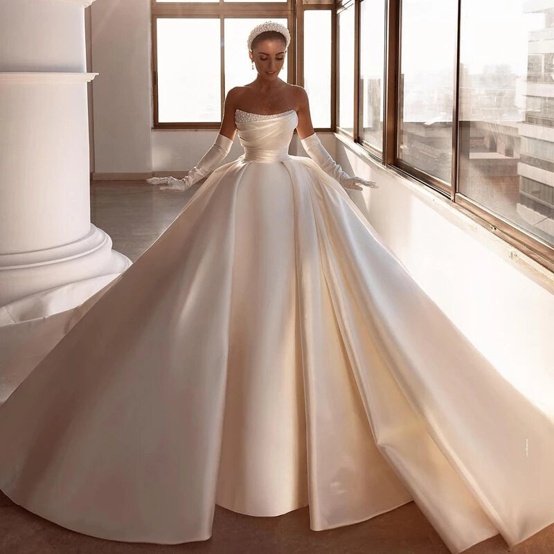 Elegant Wedding Dresses 2024 Pearls Modern Bridal Beach Boho Gowns Sweep Train A-Line Satin Ball Plus Size Vestidos De Novia فست